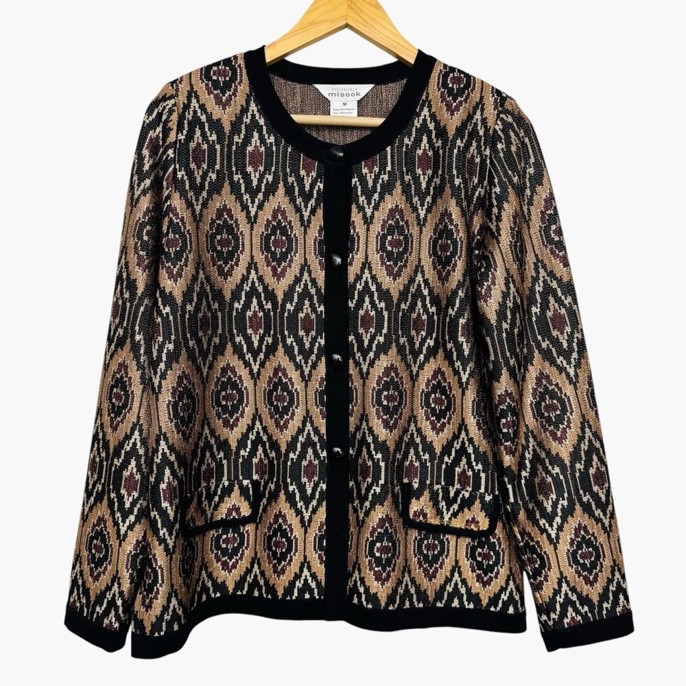 Exclusively Misook Gold Black Ikat Print Button Front Knit Cardigan Sweater M